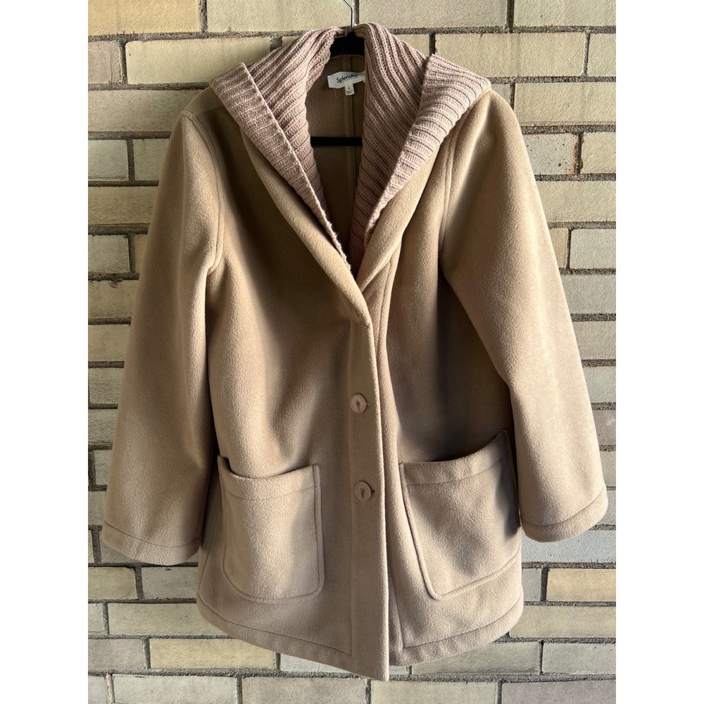 Splendid Tan Hooded Fleece Coat Ribbed Knit Shawl Fall Winter Size Small